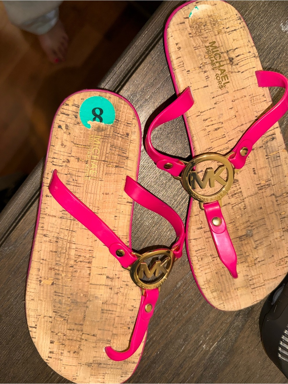 MICHAEL Michael Kors Hot Pink Logo Thong Sandals with Gold MK Medallion